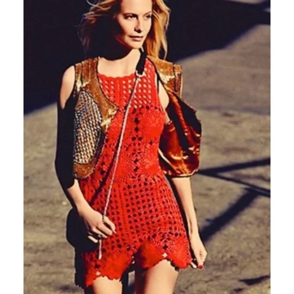 FREE PEOPLE Red Orange Crocheted/Knit Women's Dress - Size XS